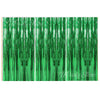 Three vertical panels of metallic green fringe curtains used as a party backdrop decor.