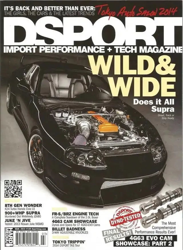 Cover of DSPORT Import Performance + Tech Magazine featuring a black car and text for Wild & Wide Does it All Supra