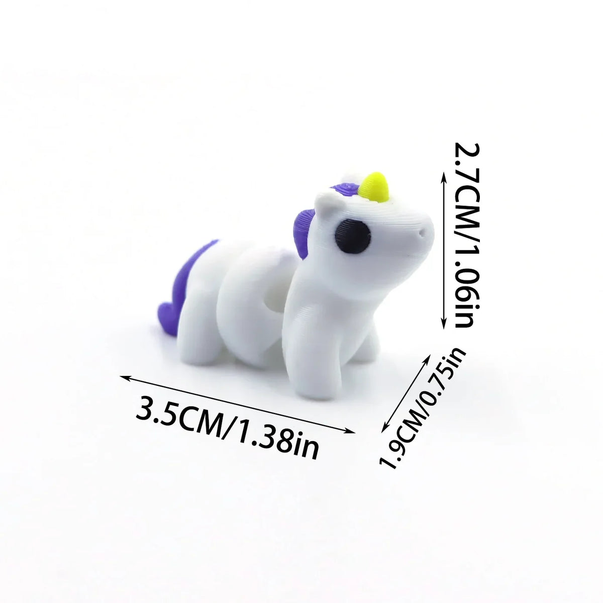A white and purple 3D printed cartoon horse figurine with a yellow mane, shown against a white background.