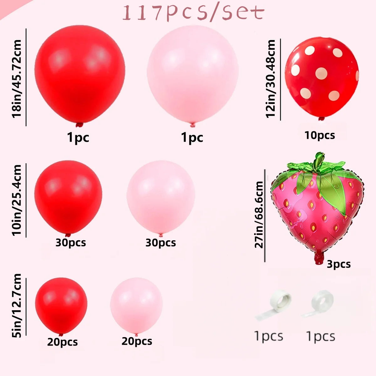 A set of various colored balloons including red and pink latex balloons and a strawberry shaped balloon