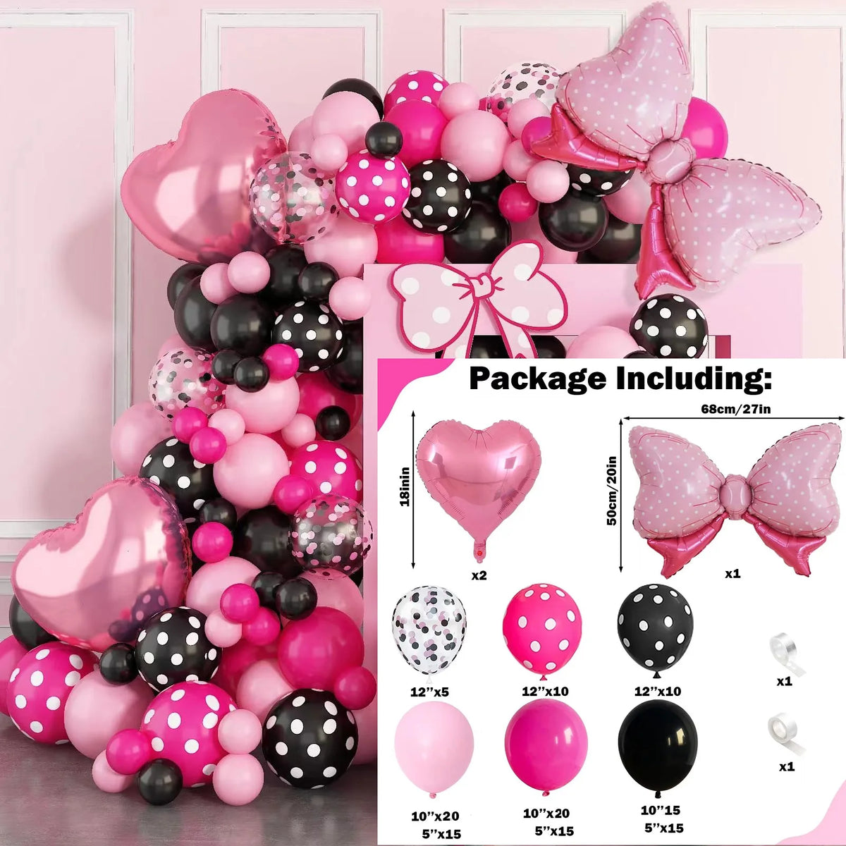 A large balloon wreath archway featuring pink, black, and white balloons with bow accents for parties