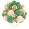 A bouquet of metallic gold and green balloons with gold and green confetti accents.