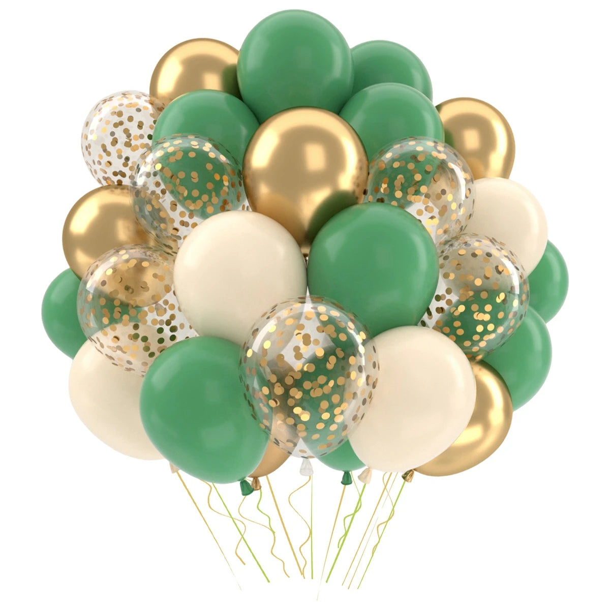 A bouquet of metallic gold and green balloons with gold and green confetti accents.