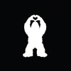 White silhouette of Bigfoot hands forming a heart shape on a black background