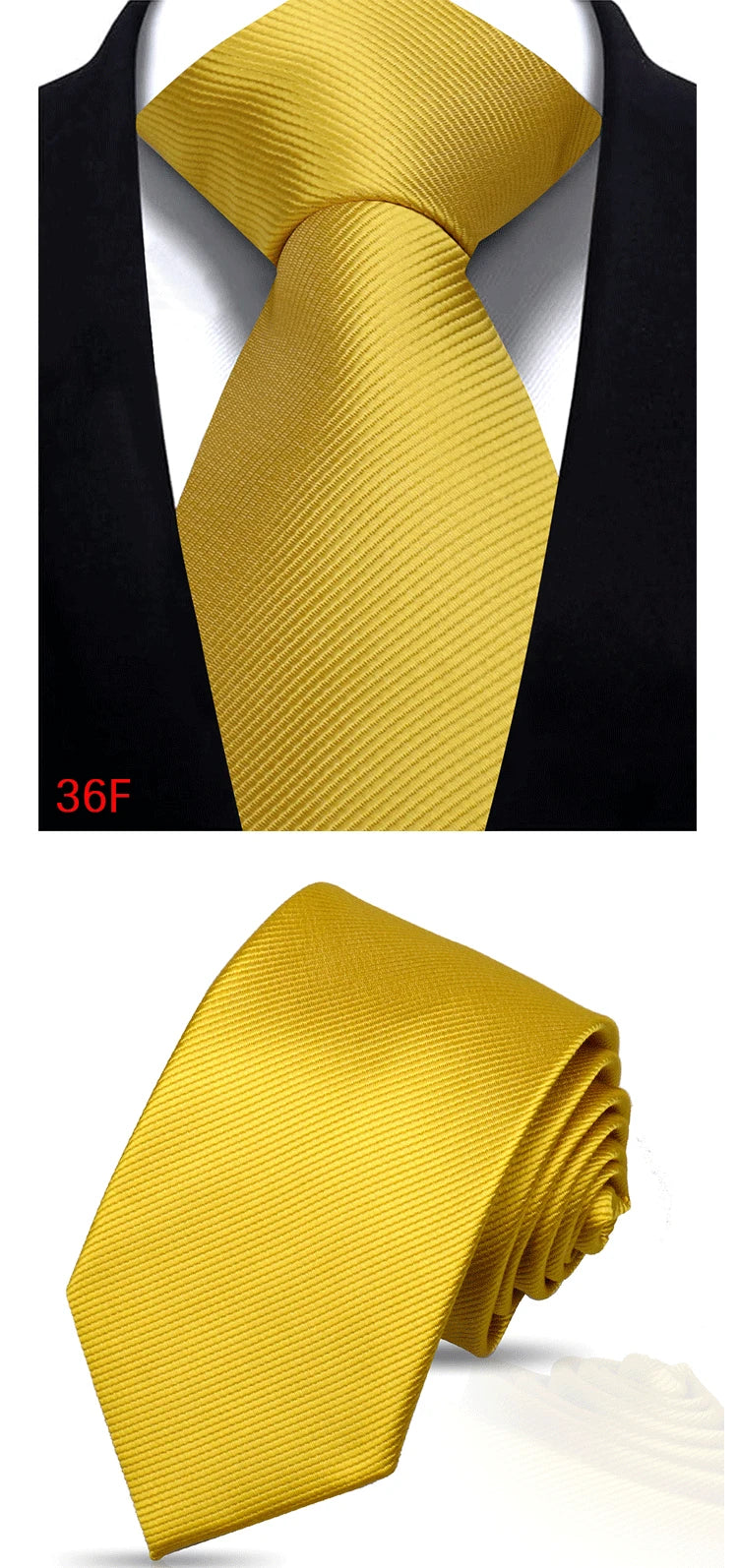 A yellow silk necktie tied in a knot against a black shirt collar.