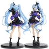 A pair of Gothic Lolita Miku action fairy dolls with light blue hair and black and purple outfits.