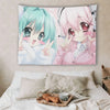 A tapestry featuring two anime girls with green and pink hair, decorating a bedroom wall.