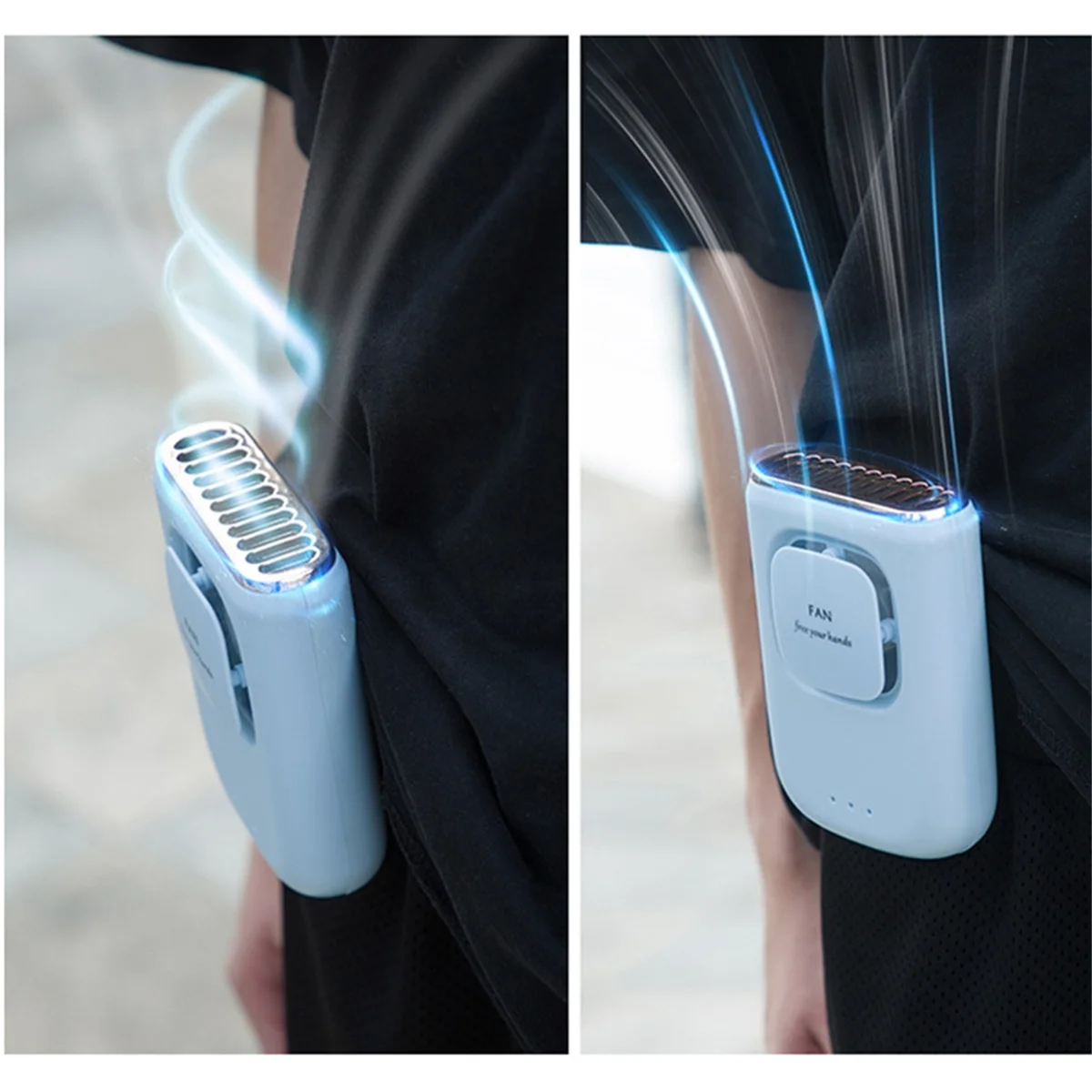 A hand holding a portable multi-use cooling fan emitting a cool mist or vapor.