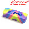 A rectangular block of colorful salted butter is shown, with text stating that colors are not fixed due to different batches.