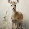 A painting of a fawn-like animal with large ears standing amidst soft, light-colored foliage.