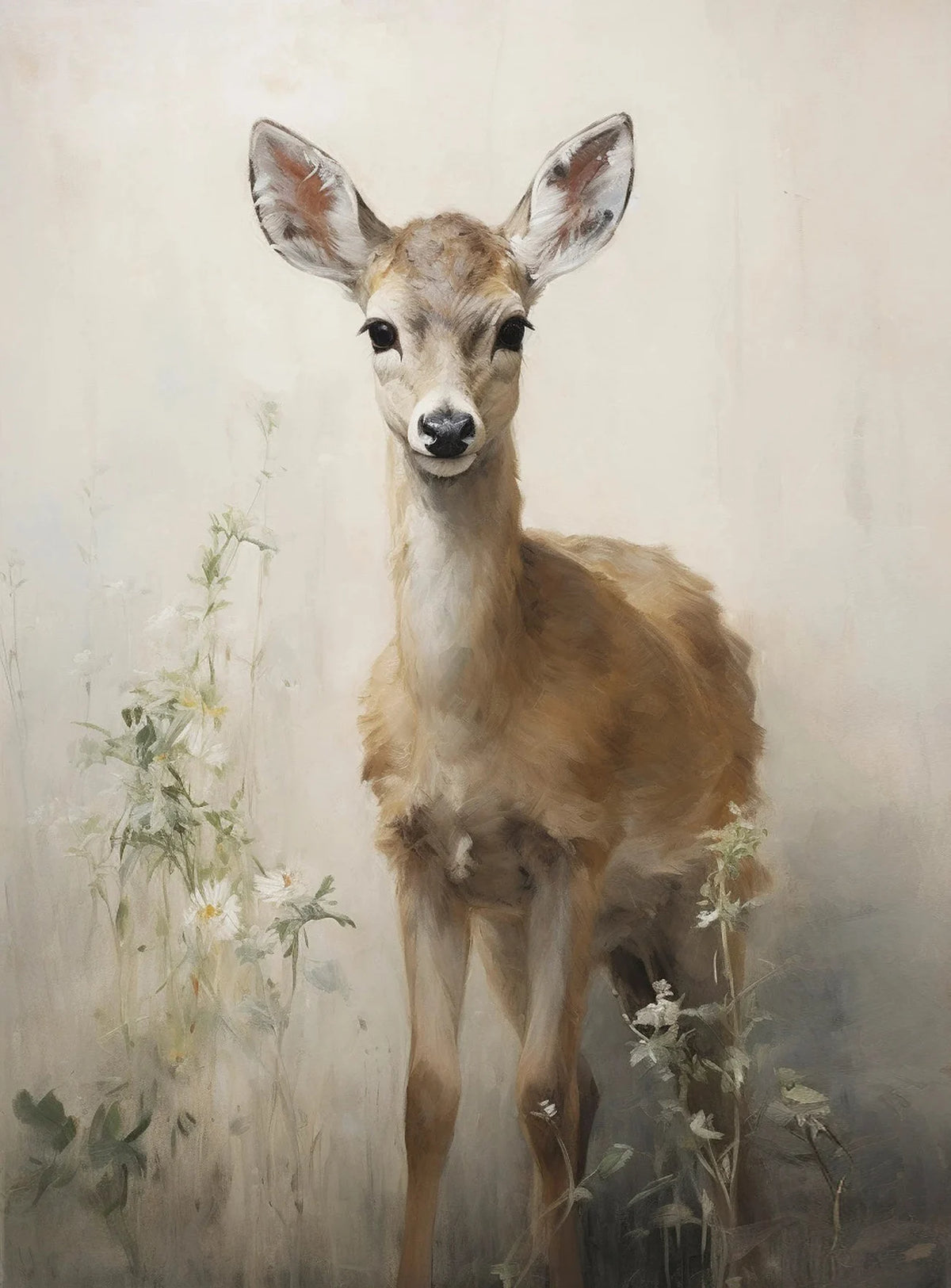 A painting of a fawn-like animal with large ears standing amidst soft, light-colored foliage.