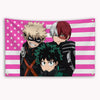 A banner featuring My Hero Academia characters Bakugou Katsuki and a white-haired character against an American flag backgrou