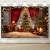 Festive Christmas tree decorated with lights and gifts in front of a stone fireplace backdrop