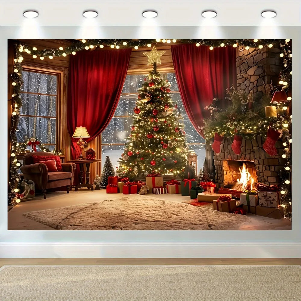 Festive Christmas tree decorated with lights and gifts in front of a stone fireplace backdrop