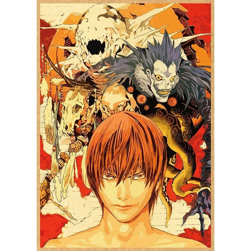 Vintage anime canvas wall art featuring a stylized skull and a fierce, blue-furred monster above a human face.