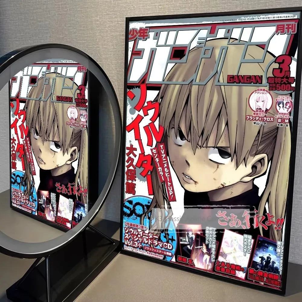 A framed poster of the Soul Eater anime featuring a character in a dynamic pose.