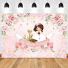 A pink floral backdrop featuring roses and greenery with a child and a chalice for a First Communion celebration.