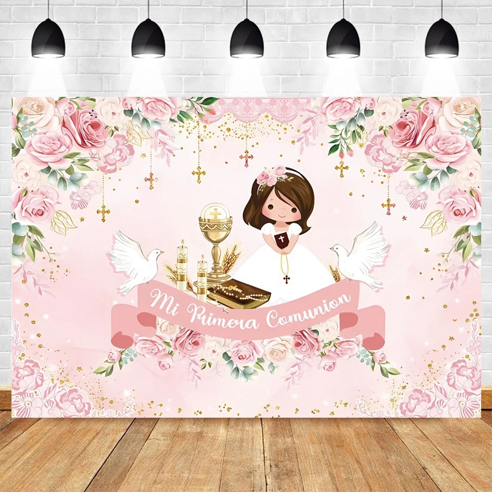 A pink floral backdrop featuring roses and greenery with a child and a chalice for a First Communion celebration.