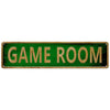 A rectangular green metal tin sign with the words GAME ROOM written in gold lettering.