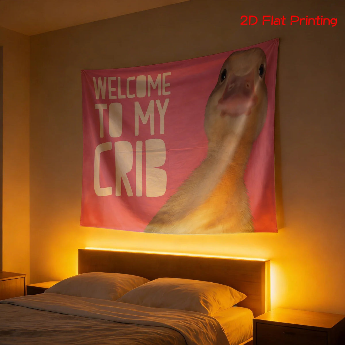 A pink tapestry featuring a duck's head welcoming guests to its crib, displayed above a bed.