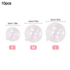 Three sizes of clear iridescent balloons labeled S M and L with corresponding measurements