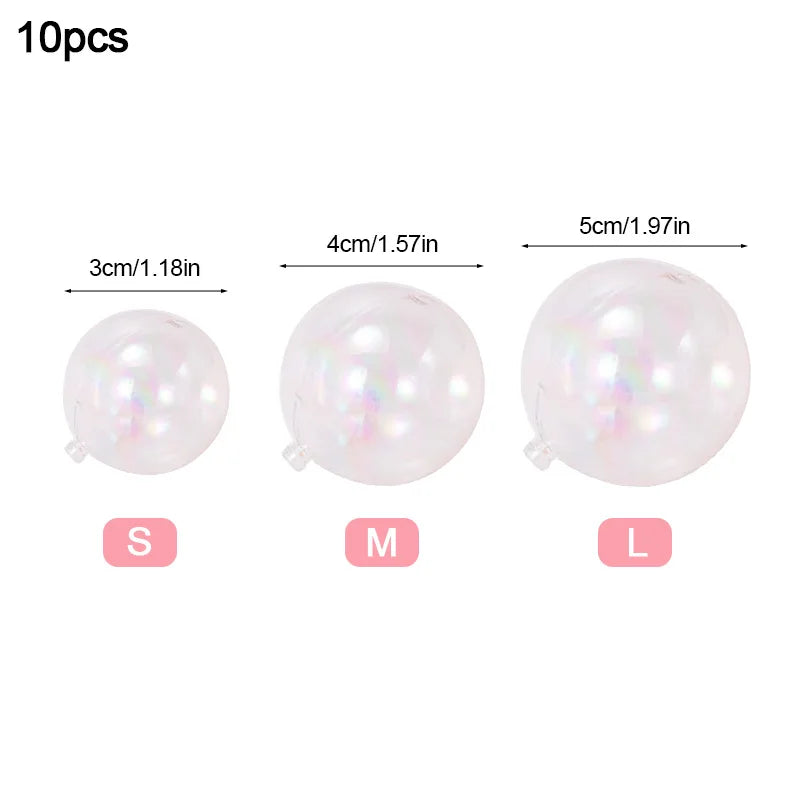 Three sizes of clear iridescent balloons labeled S M and L with corresponding measurements