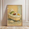 A painting of a smiling green duck in a bathtub surrounded by yellow ducklings on a canvas print.