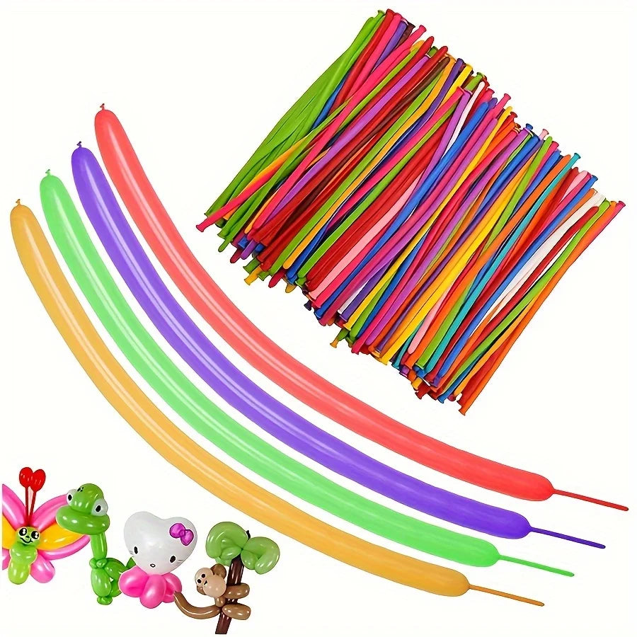 A bundle of multicolor latex modeling balloons with hand pumps in various bright colors.