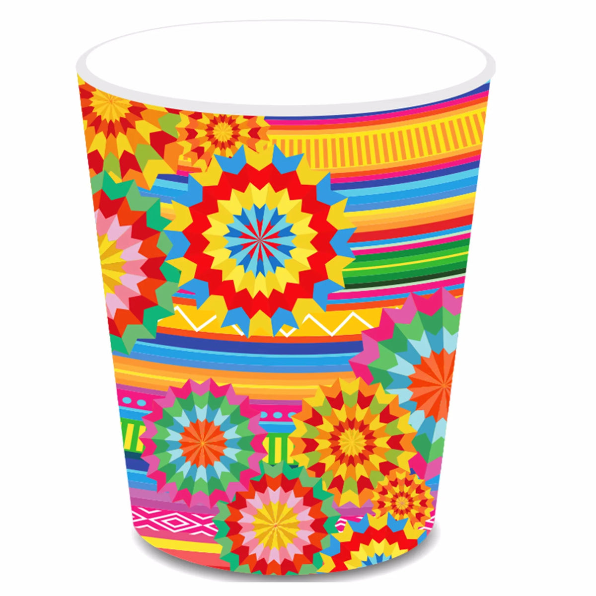 A colorful disposable tableware set featuring vibrant geometric patterns in red, orange, yellow, green, and blue.