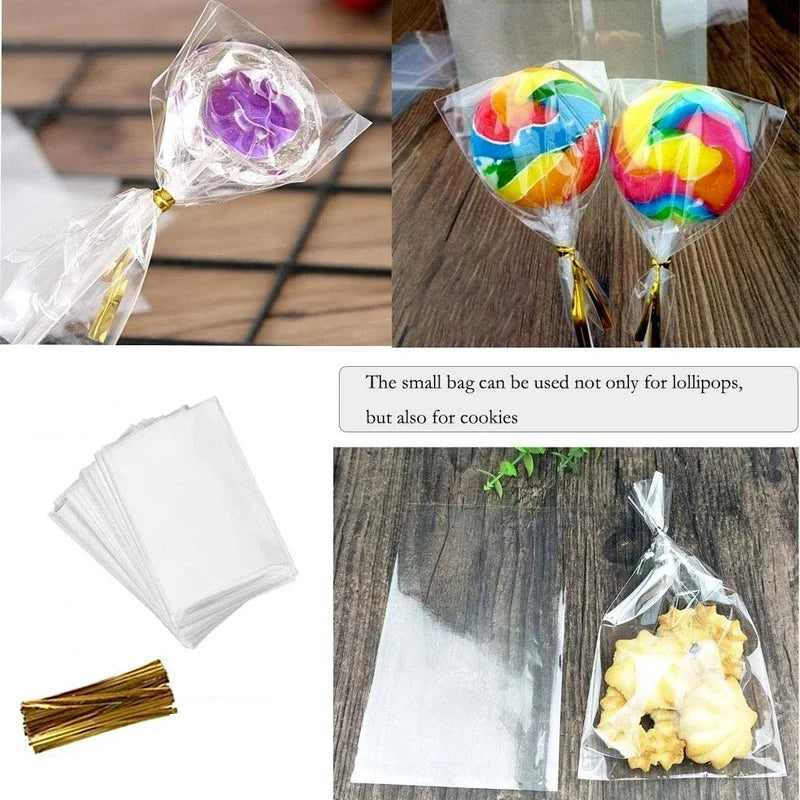 A kit containing 100 lollipop packaging bags with paper sticks and tie closures, some filled with colorful lollipops and othe