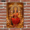 2D flat illustration of a Metal Durga Lakshmi Wall Art Statue seated on a throne surrounded by gold and flowers.