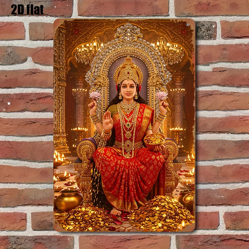 2D flat illustration of a Metal Durga Lakshmi Wall Art Statue seated on a throne surrounded by gold and flowers.