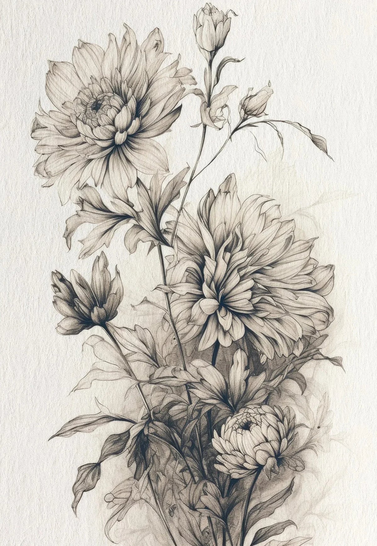 A detailed black and white botanical illustration of various flowers and leaves on textured paper.