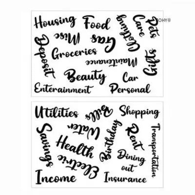 Black line art text listing various household and personal expenses like Housing Food Groceries Beauty Car Entertainment etc.