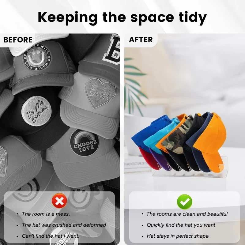 Before and after comparison showing how to keep space tidy with an acrylic cap storage rack