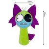 A bright green plush toy with purple ears and large black eyes, measuring 10cm long.