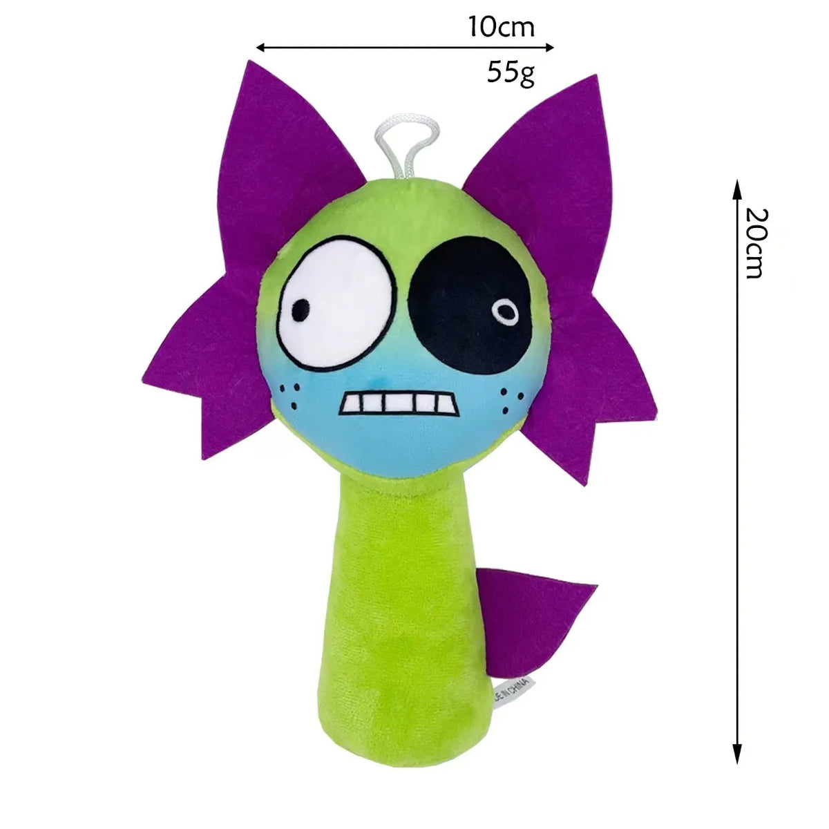 A bright green plush toy with purple ears and large black eyes, measuring 10cm long.