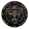 A black wooden divination board featuring a pentagram, a moth, and various yes/maybe symbols around the edge.
