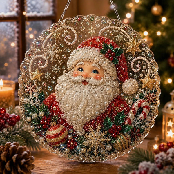 A decorative Christmas wreath featuring Santa Claus and festive elements, suitable for a diamond painting kit.