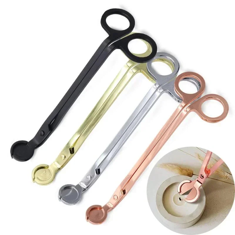 A set of stainless steel candle wick trimmer scissors shown in various colors and angles.