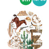 A circular display of nine disposable tableware items featuring western designs like a horse, cactus, and antique tools.