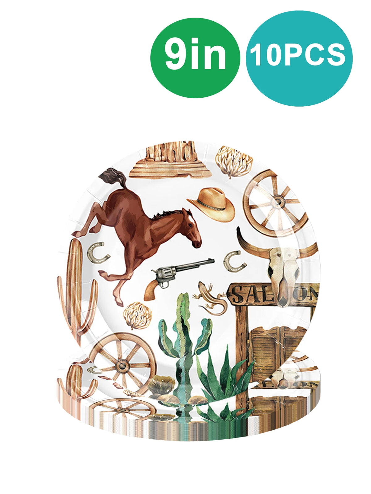 A circular display of nine disposable tableware items featuring western designs like a horse, cactus, and antique tools.