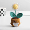 Handmade crochet sunflower desk companion with a smiling face, featuring white and yellow petals on a green stem.
