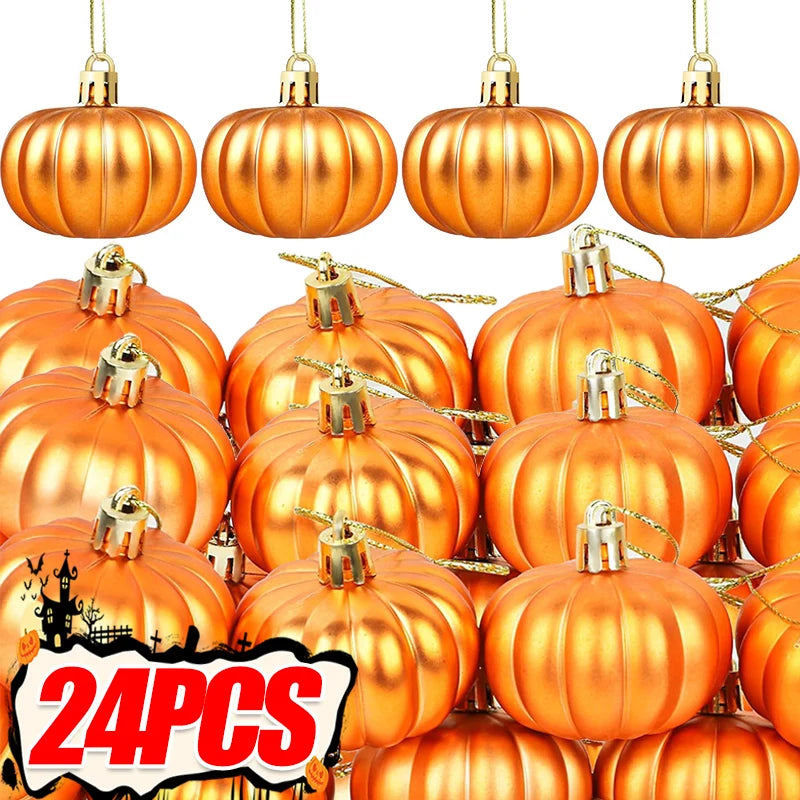 A collection of shiny orange pumpkin hanging ornaments for autumn and Halloween decoration