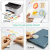 Instructions showing how to print, cut, peel, and stick printable vinyl labels onto a notebook.