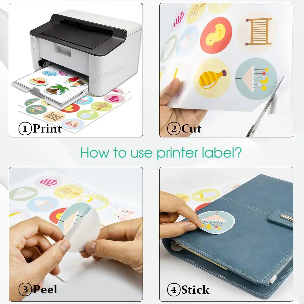 Instructions showing how to print, cut, peel, and stick printable vinyl labels onto a notebook.