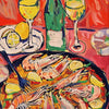 A vibrant painting of grilled shrimp and lemons served on a black plate, with a green bottle and two glasses in the backgroun