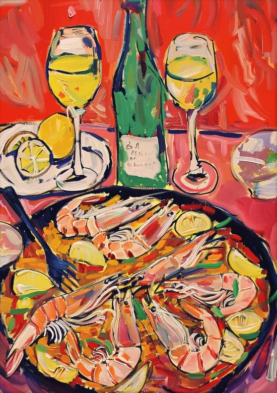 A vibrant painting of grilled shrimp and lemons served on a black plate, with a green bottle and two glasses in the backgroun