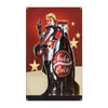 A woman in a silver outfit holds a glass bottle of Nuka Cola against a red background.