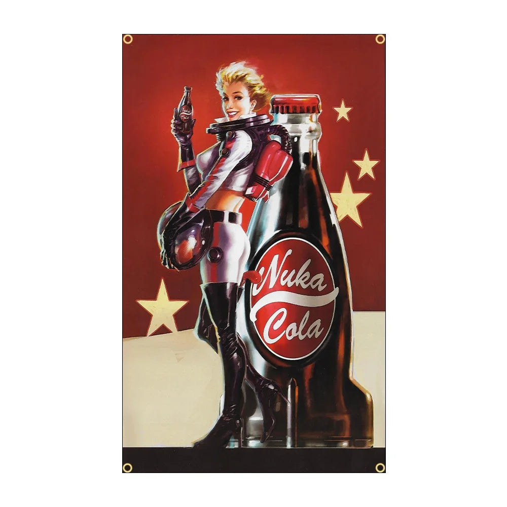 A woman in a silver outfit holds a glass bottle of Nuka Cola against a red background.